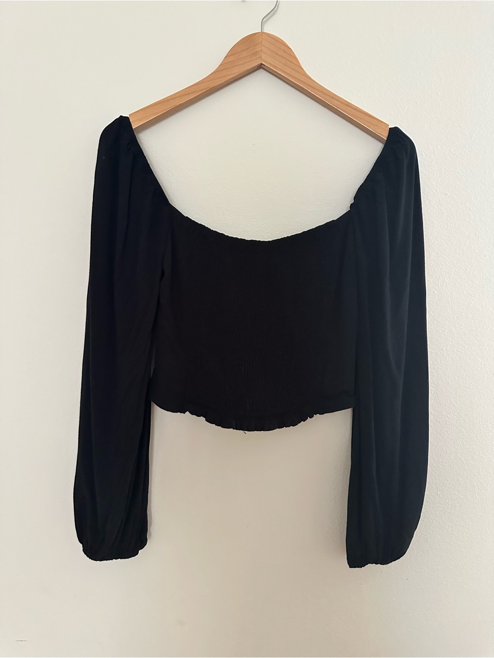 love, Fire Black Off-Shoulder Smocked Long Sleeve Crop Top